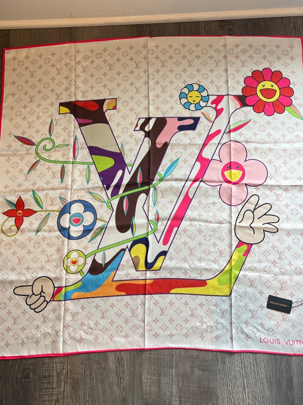 Louis Vuitton Multicolor Floral LV Silk Scarf with Pink Border